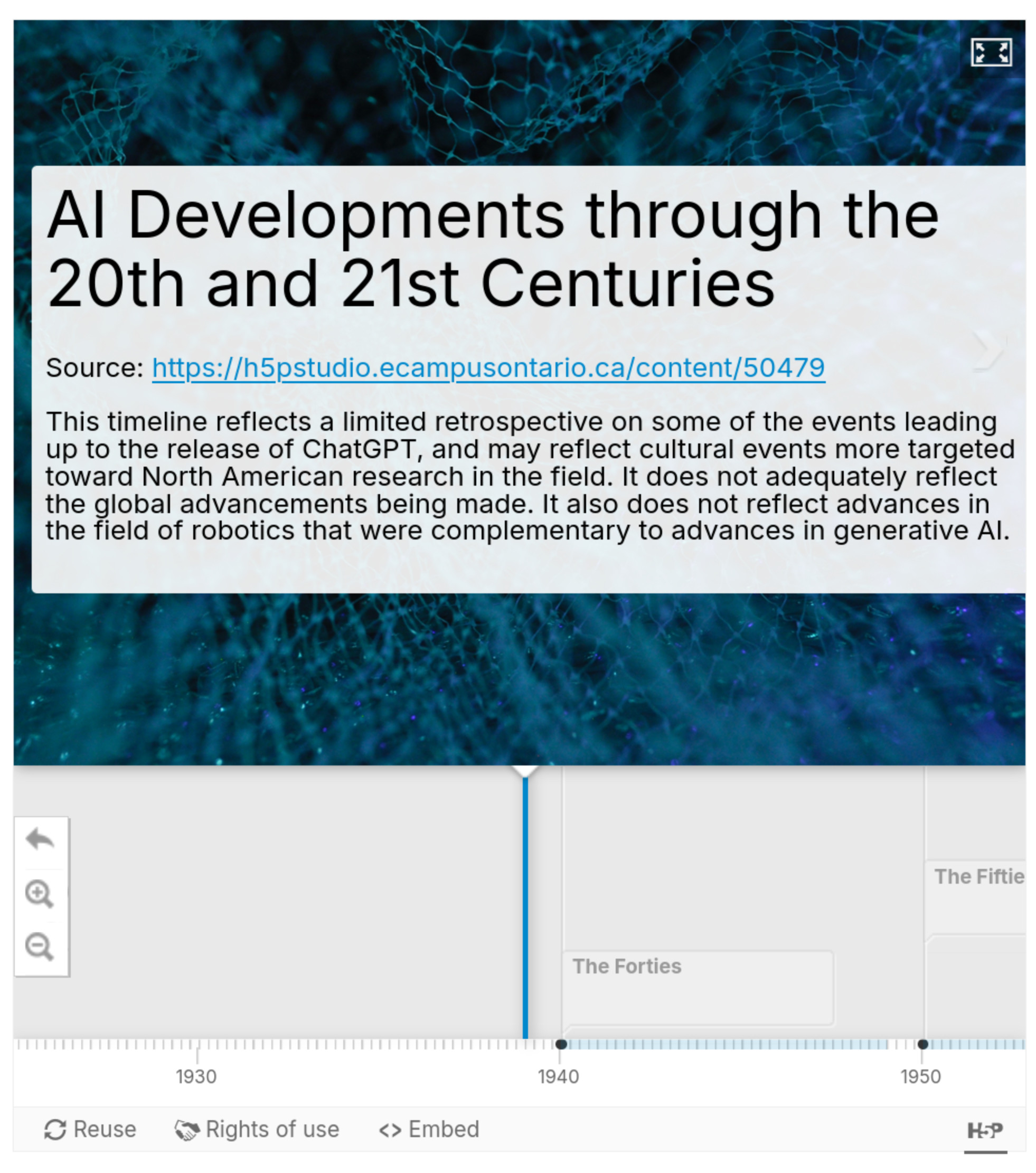 Screenshot of a timeline, showing the history and the topic.